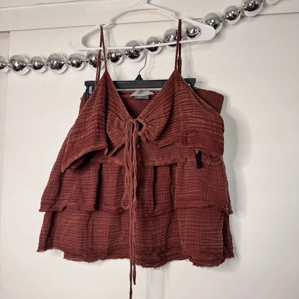 Anthropologie SET Cotton Gauze Smocked Mini Skirt and Top Brick Red Brown